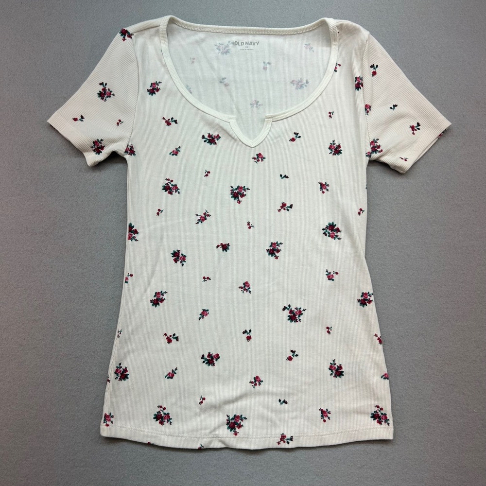 Old Navy Womens XS Cream Ribbed Floral Notched Scoop Neck Short Sleeve Tee Top